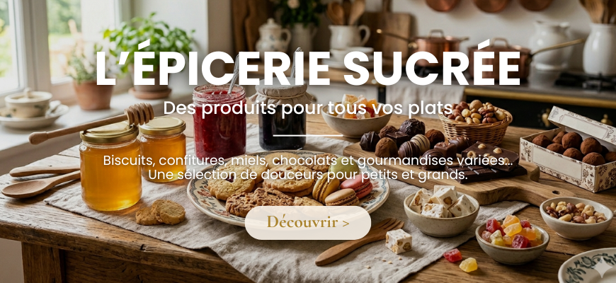 Image représentant des produits sucrés : biscuits, confitures, miels, chocolats et gourmandises variées
